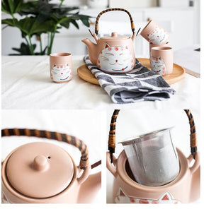 Conjunto de chá de cerâmica com gatos da sorte pintados à mão