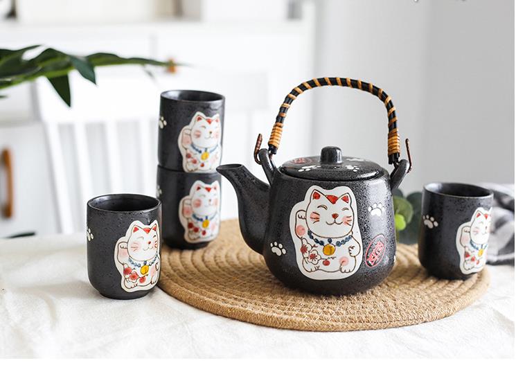 Conjunto de chá de cerâmica com gatos da sorte pintados à mão